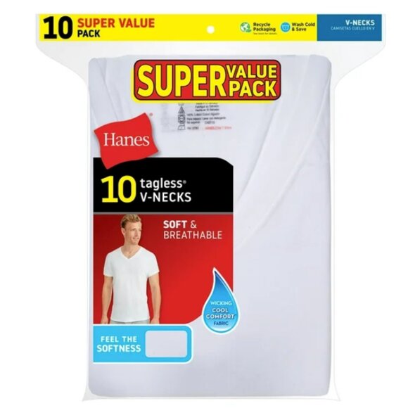 Hanes Men's White V-Neck Cotton Undershirt, 10-Pack - Picture 2 of 5